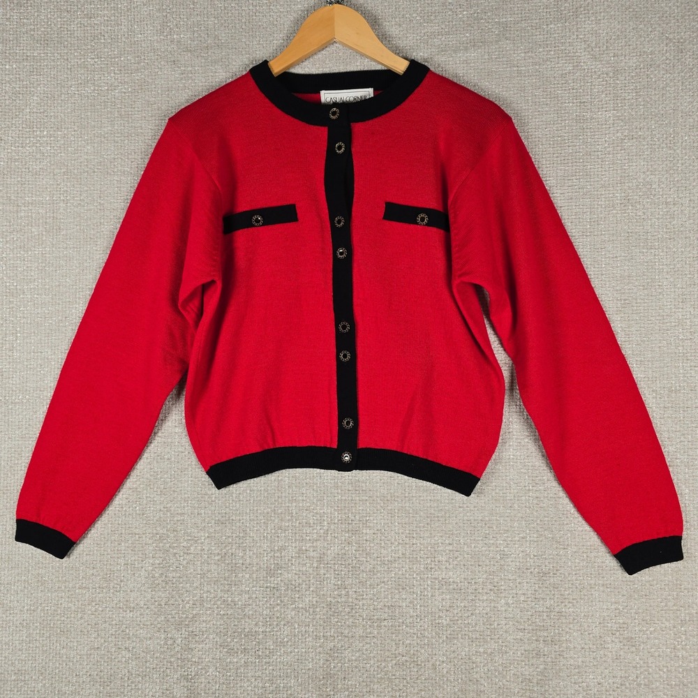 Casual Corner Red Black Trim Wool Blend Cardigan Sweater Gold Buttons Small